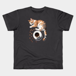 Cute Cat and Espresso Coffee Beans and Cup Design Kids T-Shirt